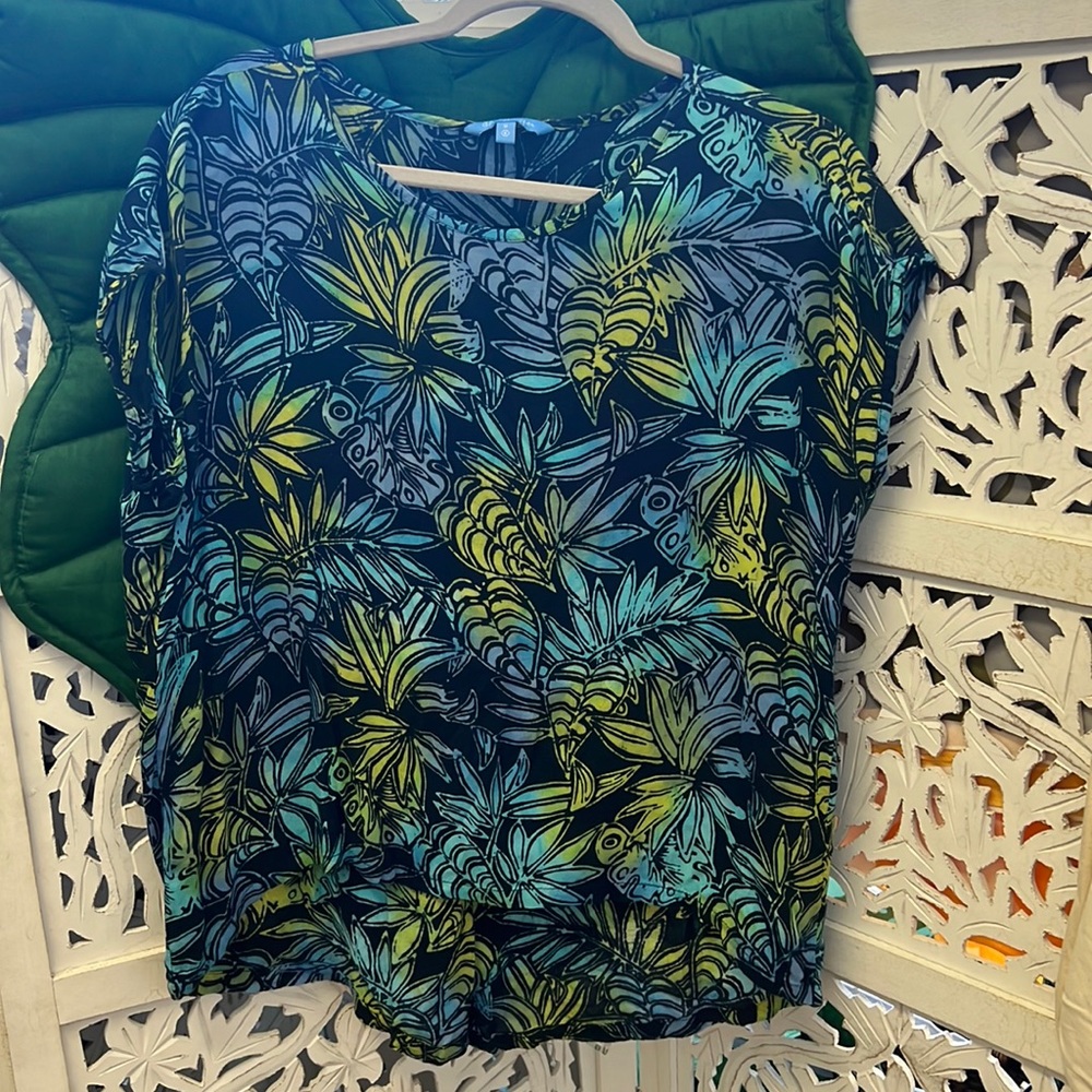 Blue, green, yellow rayon Hawaiian print Kalo and floral shirt by Blue Ginger.